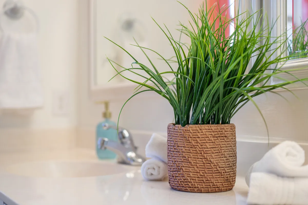 A tranquil bathroom scene featuring a modern sink, potted plant, fluffy towels, and a serene color palette. The thoughtful design emphasizes relaxation, self-care routines, and the spa-like privacy referenced in the section.