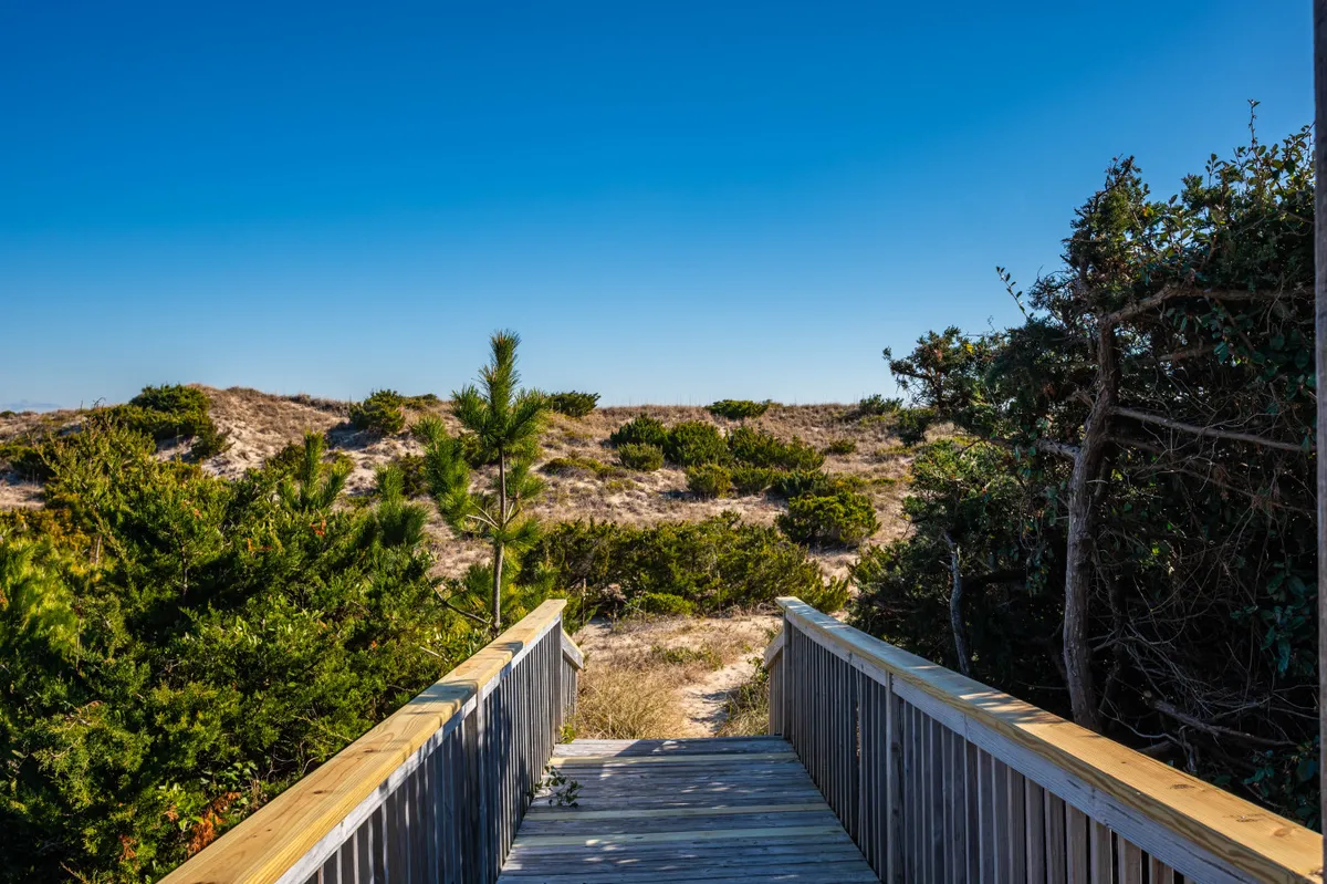 A wooden walkway winding through dune landscape and coastal vegetation, leading toward the beach. The atmosphere is serene and welcoming, suggesting easy access from the residence to the natural surroundings.